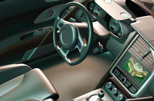 Autoaufbereitung Berlin – gepflegte Draufsicht auf Fahrersitz, Lenkrad, Mittelkonsole, Navigationsgerät und Multimedia-Display