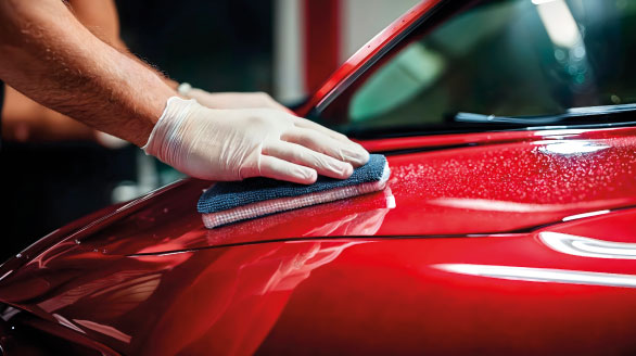 Professionelle Lackpflege – Motorhaube glänzt nach Behandlung mit hochwertigen Pflegeprodukten